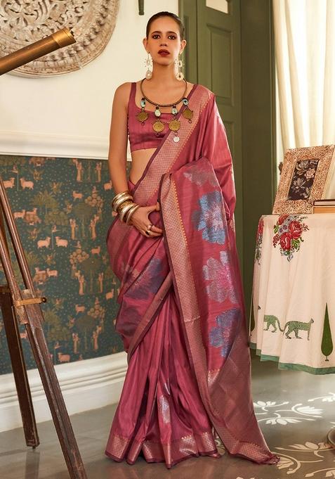 Maroon Zari Woven Silk Blend Saree Set