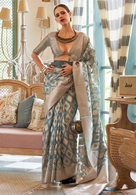 Teal Zari Woven Silk Blend Saree Set