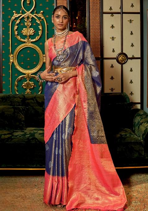 Blue Zari Woven Silk Blend Saree Set