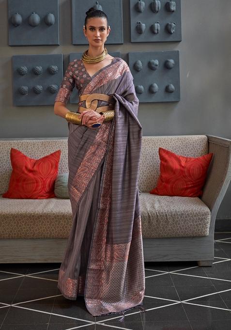 Grey Zari Woven Silk Blend Saree Set