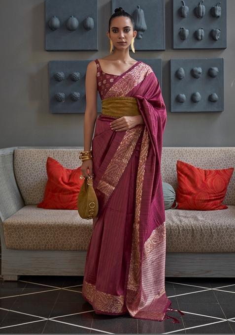 Rani Pink Zari Woven Silk Blend Saree Set