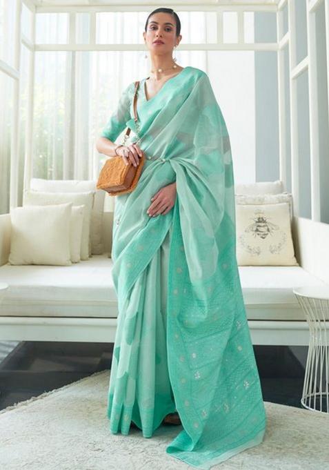 Sea Blue Zari Woven Tussar Silk Saree Set