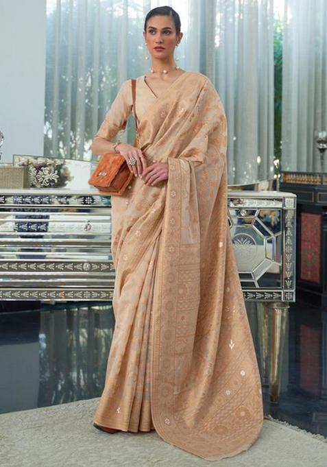 Chiku Brown Zari Woven Tussar Silk Saree Set