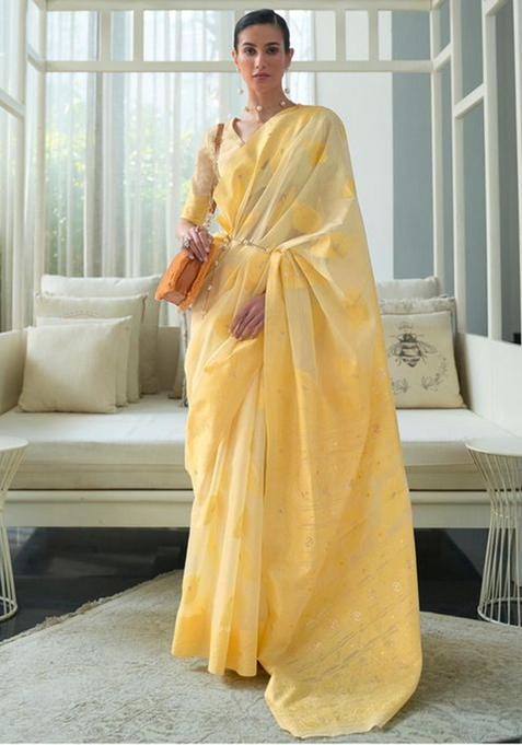 Yellow Zari Woven Tussar Silk Saree Set