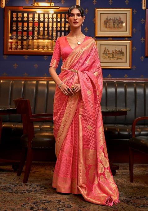 Peach Zari Woven Silk Saree Set