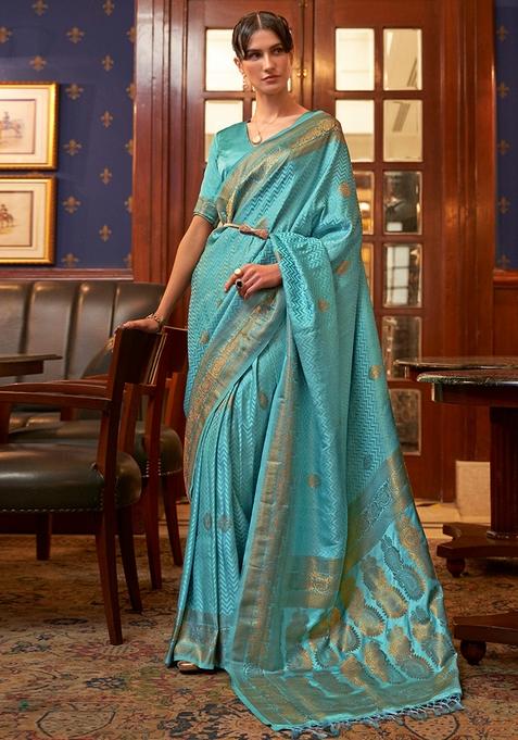 Sky Blue Zari Woven Silk Saree Set