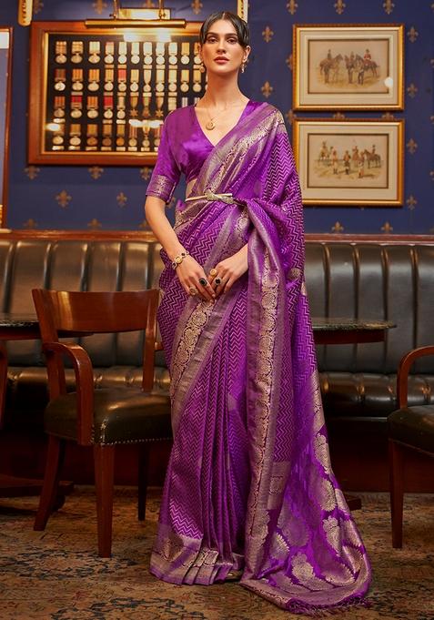 Purple Zari Woven Silk Saree Set