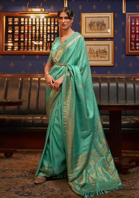 Sea Green Zari Woven Silk Saree Set