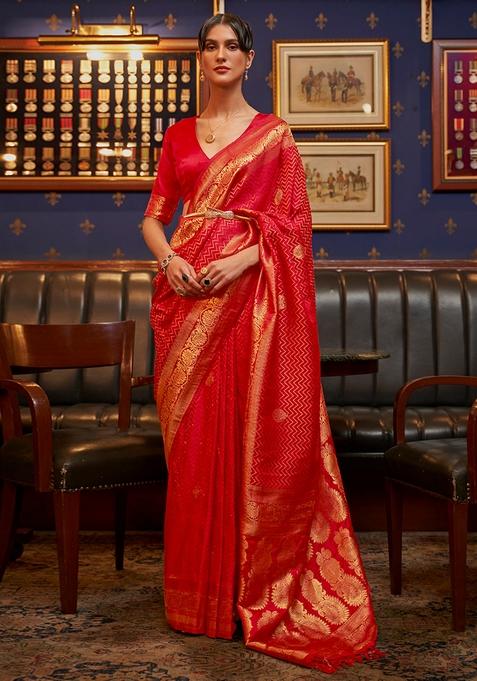 Red Zari Woven Silk Saree Set