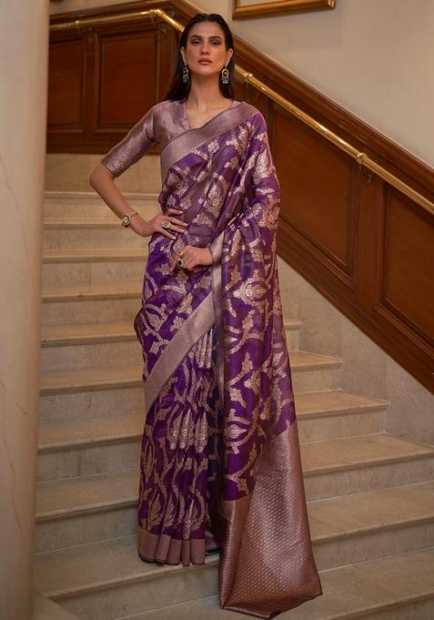 Purple Zari Woven Silk Saree Set