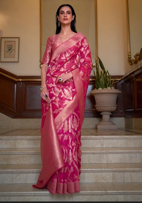 Pink Zari Woven Silk Saree Set