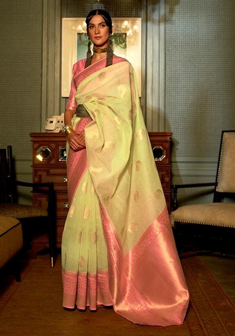 Yellow Zari Woven Silk Saree Set