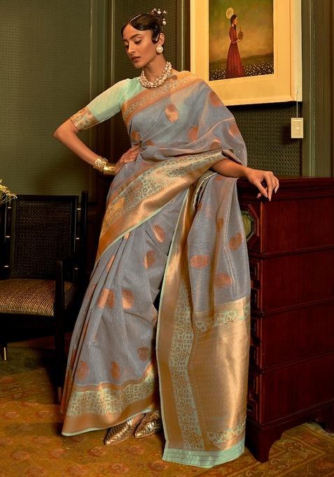 Grey Zari Woven Silk Saree Set