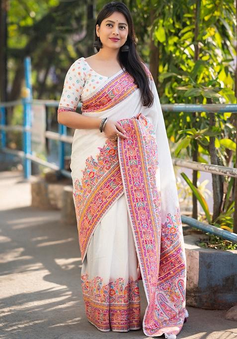 White Zari Woven Kashmiri Cotton Saree Set