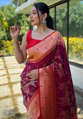 Wine Zari Woven Soft Paithani Silk Saree Set