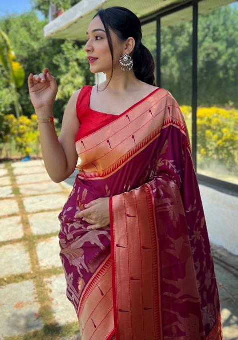 Wine Zari Woven Soft Paithani Silk Saree Set