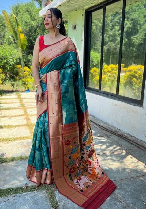 Teal Zari Woven Soft Paithani Silk Saree Set