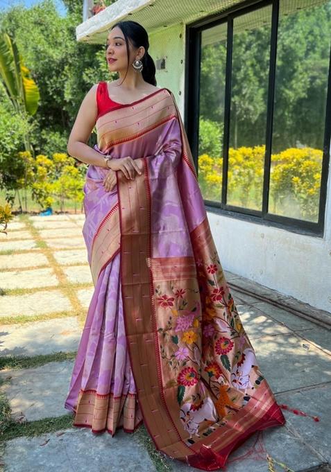 Purple Zari Woven Soft Paithani Silk Saree Set