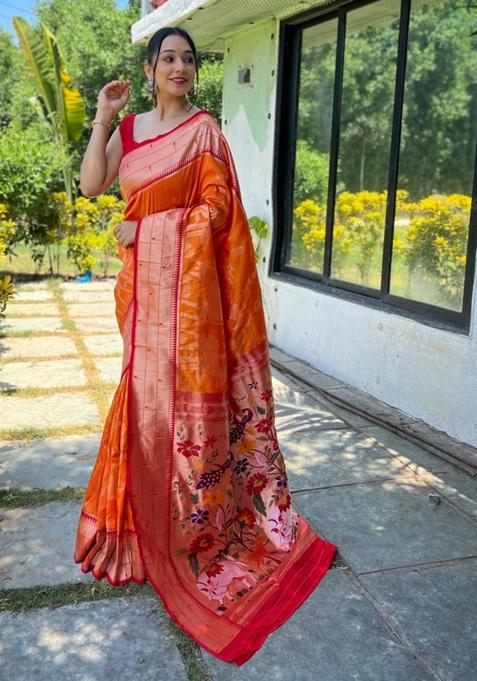 Orange Zari Woven Soft Paithani Silk Saree Set