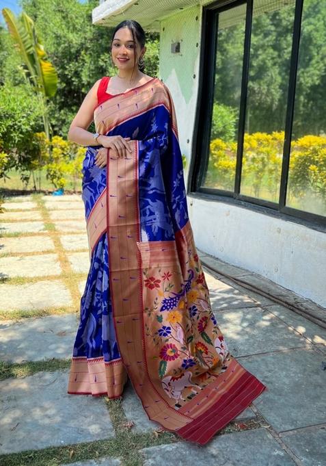 Blue Zari Woven Soft Paithani Silk Saree Set