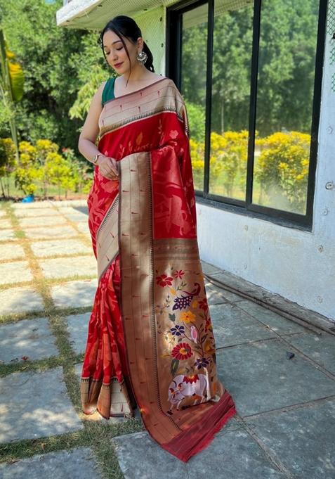 Red Zari Woven Soft Paithani Silk Saree Set