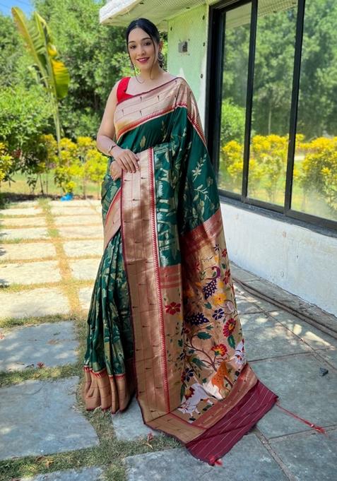 Dark Green Zari Woven Soft Paithani Silk Saree Set