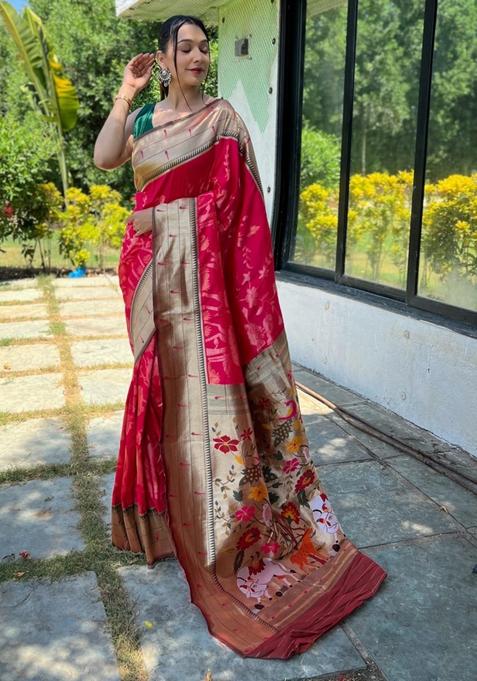 Rani Pink Zari Woven Soft Paithani Silk Saree Set