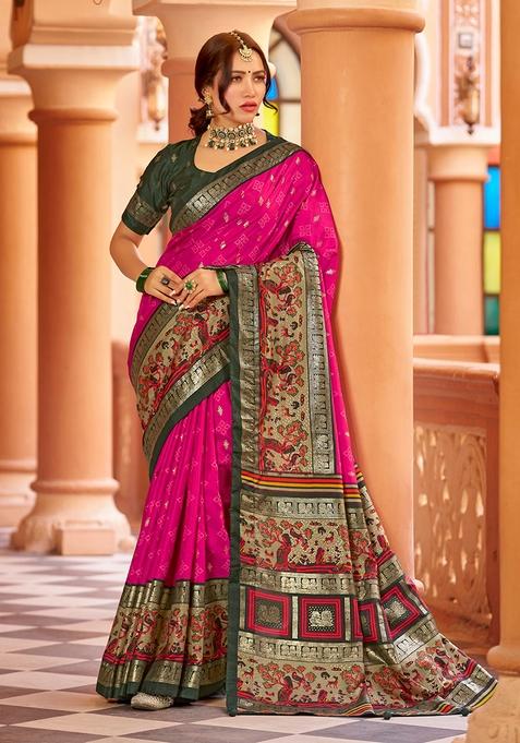 Pink Zari Woven Patola Silk Saree Set