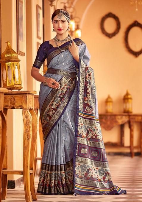 Grey Zari Woven Patola Silk Saree Set