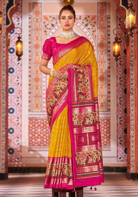 Yellow Zari Woven Patola Silk Saree Set