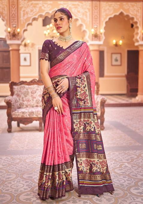 Peach Zari Woven Patola Silk Saree Set