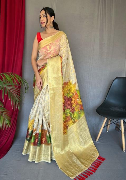 Red Digital Print Organza Saree Set