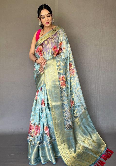 Sky Blue Digital Print Organza Saree Set