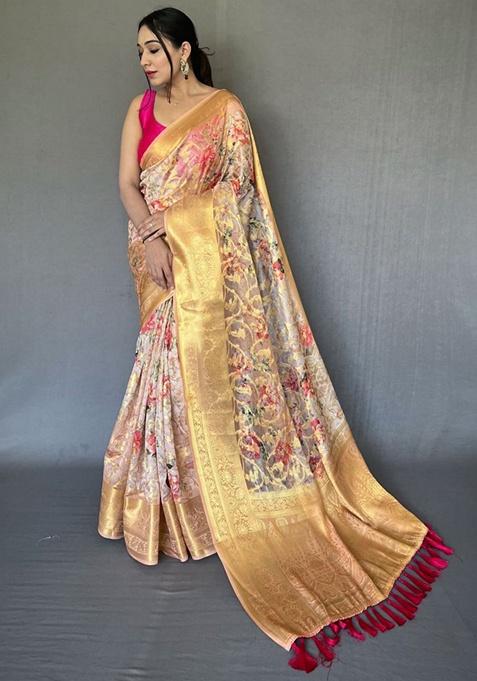 Peach Digital Print Organza Saree Set