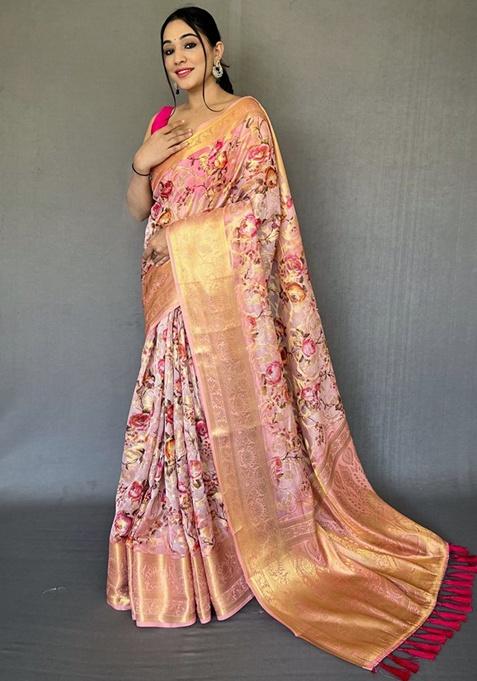 Peach Digital Print Organza Saree Set