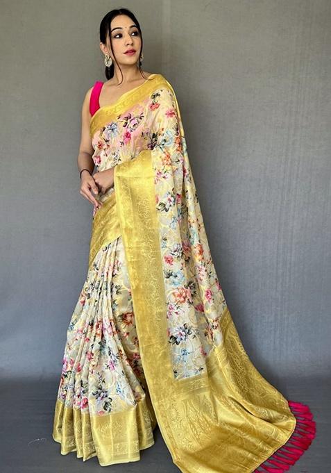 Light Parrot Digital Print Organza Saree Set