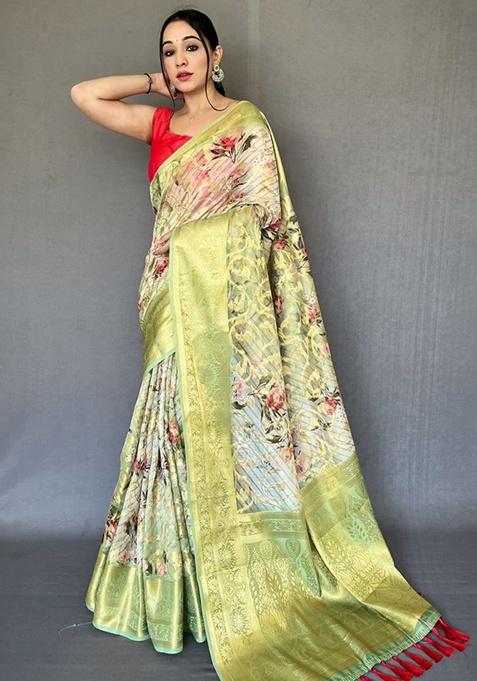 Firozi Digital Print Organza Saree Set