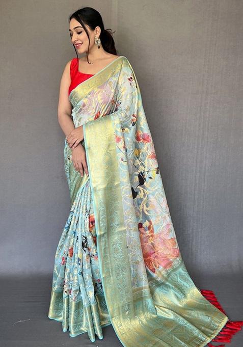 Aqua Blue Digital Print Organza Saree Set