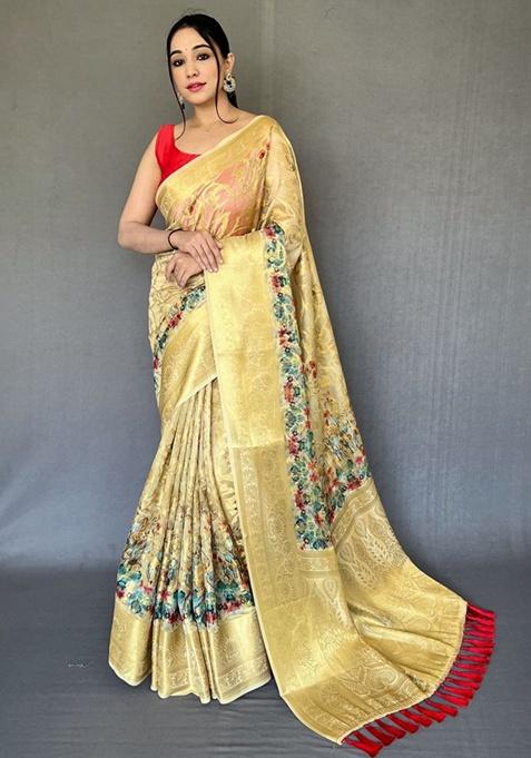 Light Yellow Digital Print Organza Saree Set