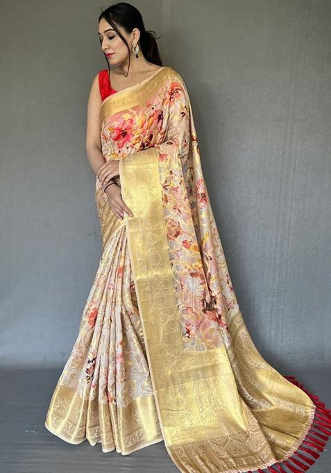 Red Digital Print Organza Saree Set