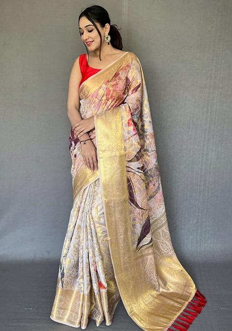 Gray Digital Print Organza Saree Set