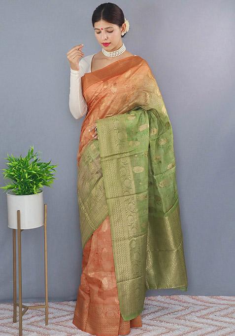 Orange Kalamkari Print Malai Cotton Saree Set