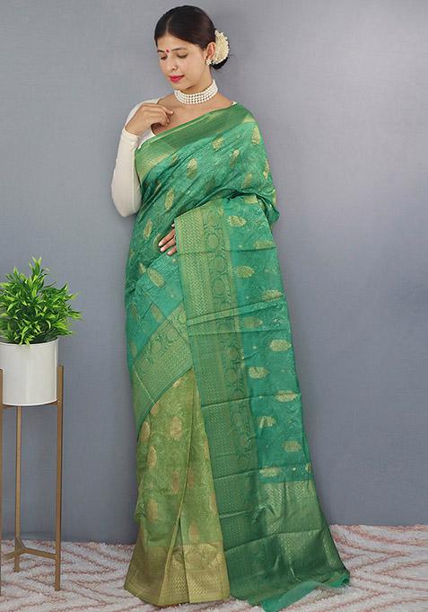 Green Kalamkari Print Malai Cotton Saree Set