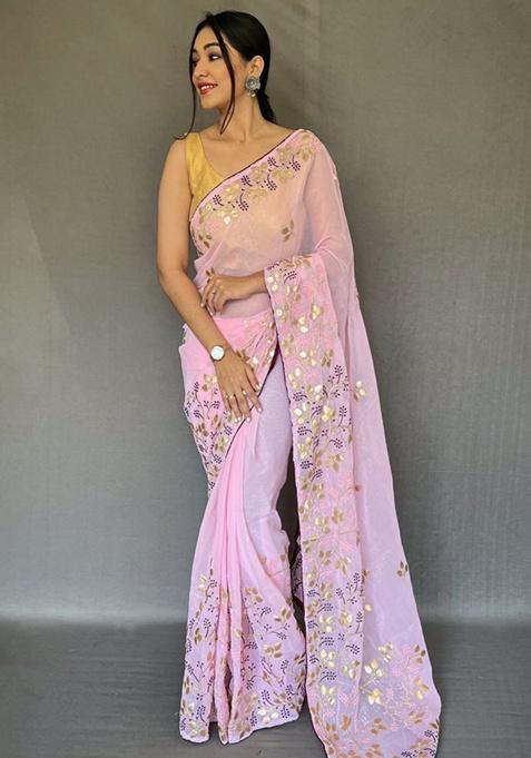 Pink Printed Chiffon Saree Set