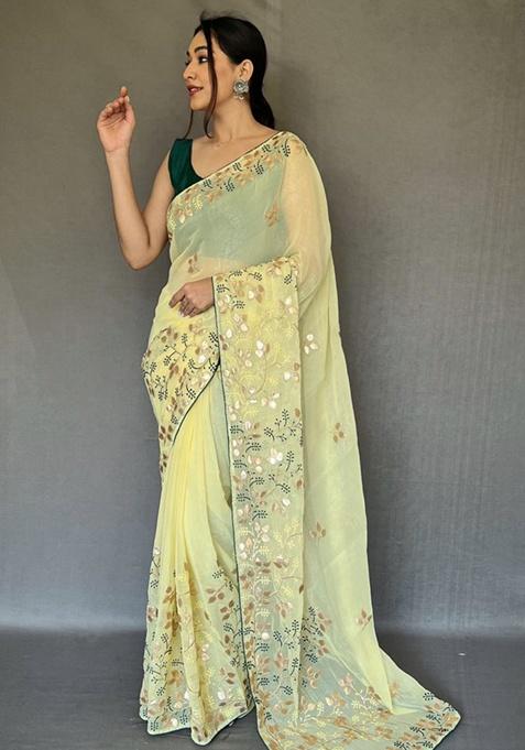 Yellow Printed Chiffon Saree Set