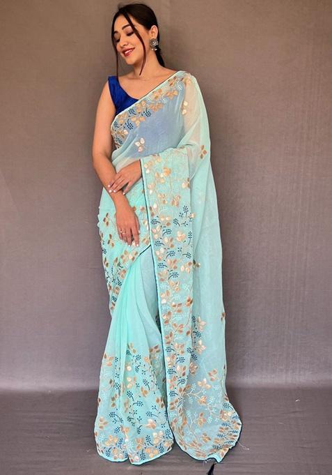 Aqua Blue Printed Chiffon Saree Set