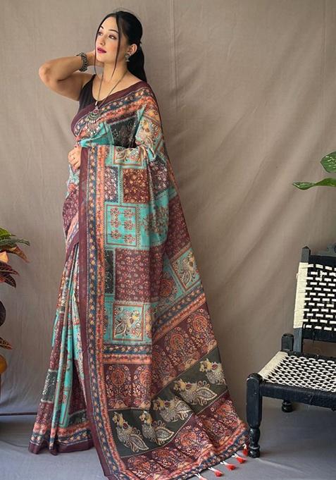 Sea Blue Kalamkari Print Malai Cotton Saree Set