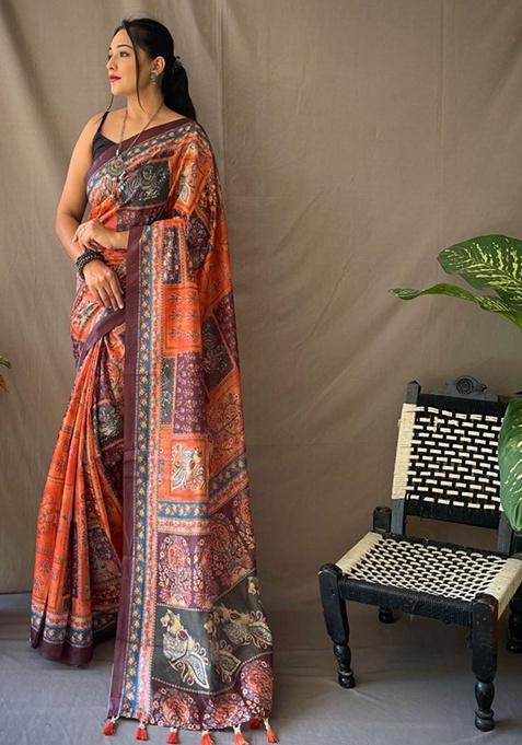 Orange Kalamkari Print Malai Cotton Saree Set