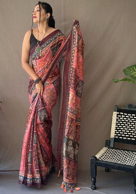 Maroon Kalamkari Print Malai Cotton Saree Set