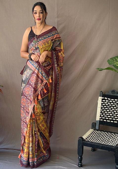 Yellow Kalamkari Print Malai Cotton Saree Set